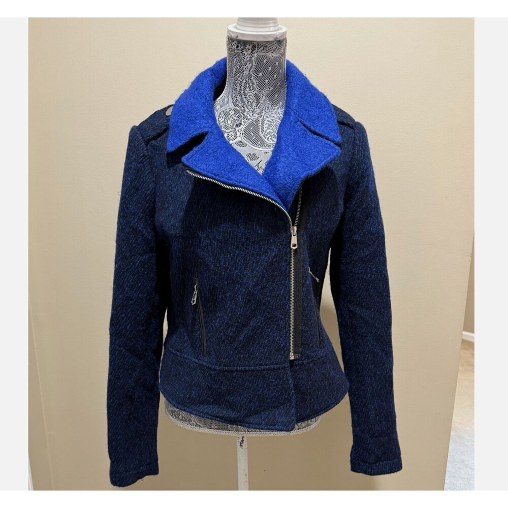 French Connection Womens Blue Asymmetrical Zip Moto Jacket Tweed Biker Coat 12